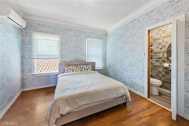 213 S Atlantic Blvd, Alhambra, CA 91801 - bedroom with an AC wall unit, a textured ceiling, crown molding, wood finished floors, and wallpapered walls