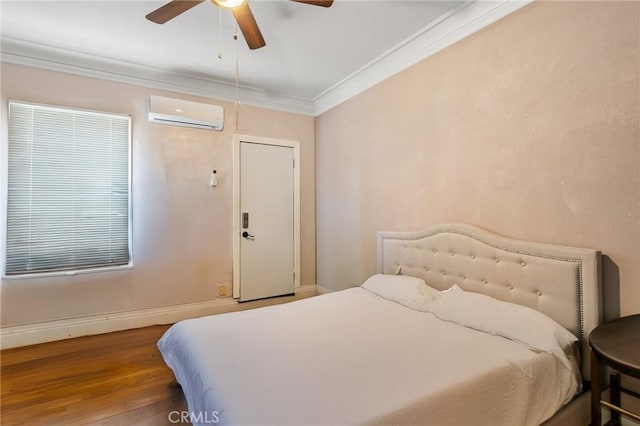 213 S Atlantic Blvd, Alhambra, CA 91801 - bedroom featuring a wall unit AC, crown molding, wood finished floors, and ceiling fan