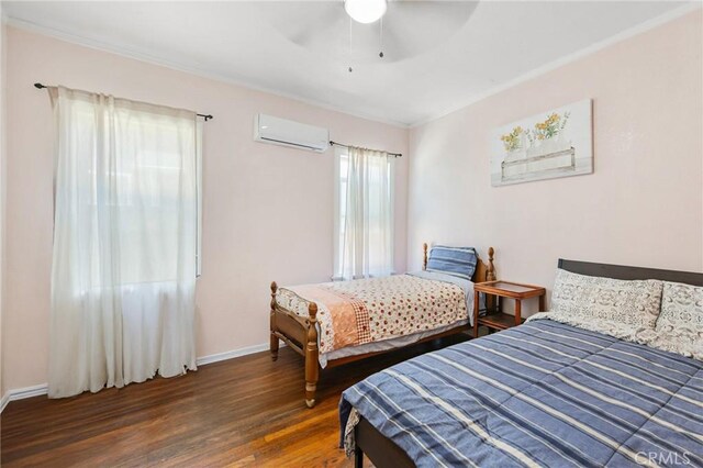 213 S Atlantic Blvd, Alhambra, CA 91801 - bedroom featuring an AC wall unit, crown molding, wood finished floors, and a ceiling fan