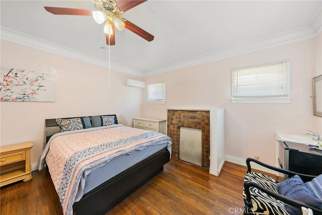 213 S Atlantic Blvd, Alhambra, CA 91801 - bedroom with crown molding, dark wood-type flooring, a wall mounted AC, and ceiling fan