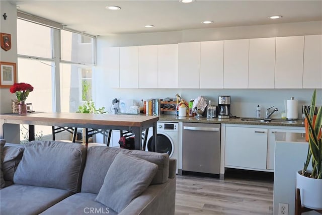 100 Atlantic Ave Unit 906, Long Beach, CA 90802 - kitchen with dishwasher, light wood-type flooring, washer / dryer, white cabinetry, and recessed lighting