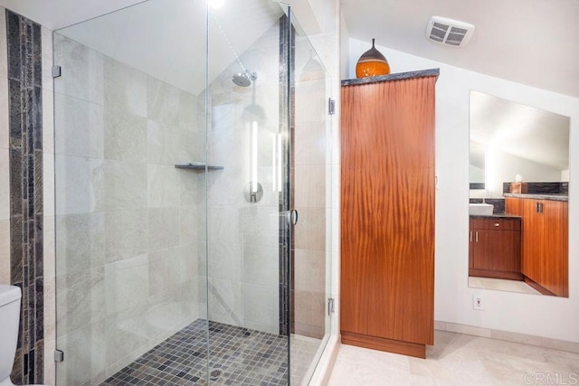 12794 Via Felino, Del Mar, CA 92014 - bathroom with vanity, a stall shower, lofted ceiling, and tile patterned flooring