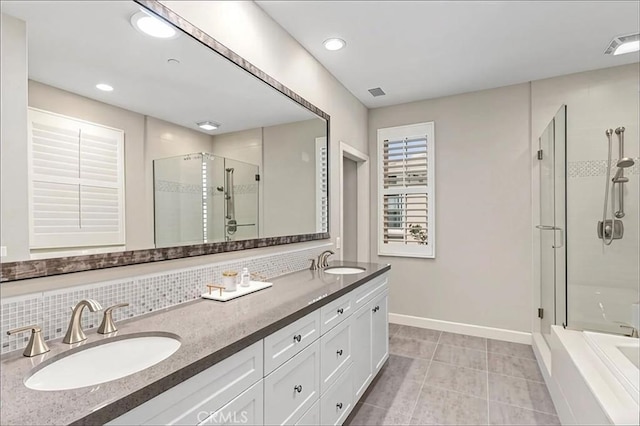 72 Granite, Irvine, CA 92620 - bathroom with a shower stall, double vanity, a garden tub, tile patterned floors, and recessed lighting