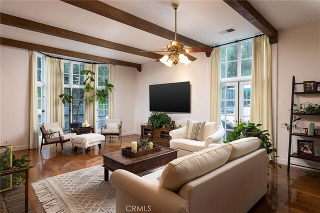 31681 Peppertree, San Juan Capistrano, CA 92675 - living room featuring beamed ceiling, wood finished floors, and a ceiling fan