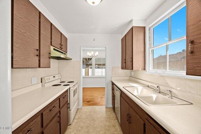 2056 Fulton Ave, Monterey Park, CA 91755 - kitchen featuring white range with electric stovetop, under cabinet range hood, a chandelier, decorative backsplash, and light countertops