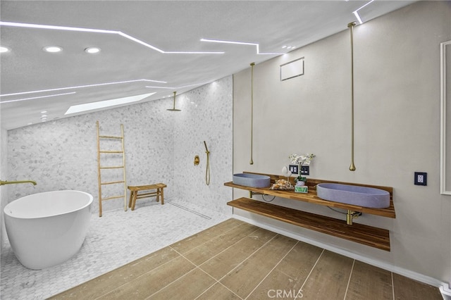 6 Crockett, Irvine, CA 92620 - bathroom featuring a walk in shower, a soaking tub, recessed lighting, and wood finished floors