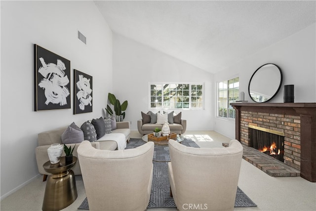 19721 Dunsmuir Plz, Yorba Linda, CA 92886 - living room with carpet floors, a brick fireplace, and high vaulted ceiling