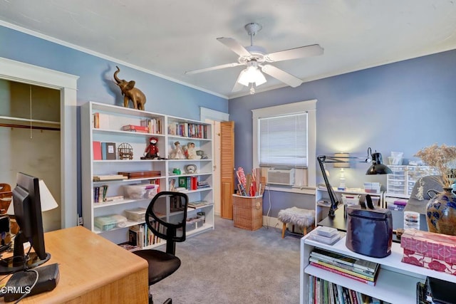 320 W Lemon Ave, Monrovia, CA 91016 - carpeted office space with cooling unit, a ceiling fan, and ornamental molding