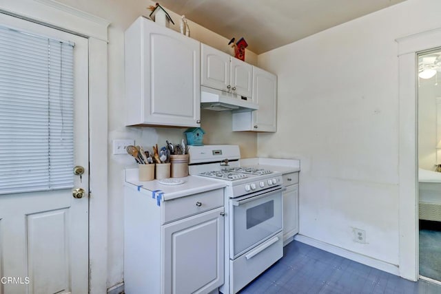 320 W Lemon Ave, Monrovia, CA 91016 - kitchen featuring white gas stove, under cabinet range hood, white cabinetry, and light countertops