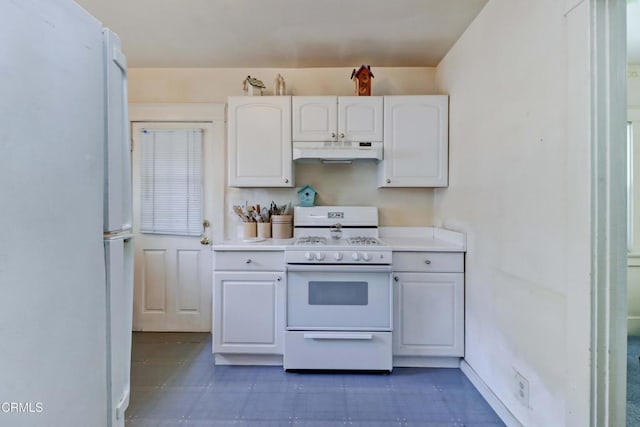 320 W Lemon Ave, Monrovia, CA 91016 - kitchen featuring white appliances, under cabinet range hood, white cabinetry, and light countertops