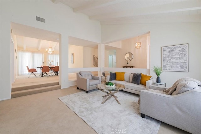 30243 Avenida Selecta, Rancho Palos Verdes, CA 90275 - living room with a chandelier, beamed ceiling, carpet floors, and high vaulted ceiling