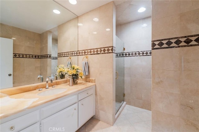 30243 Avenida Selecta, Rancho Palos Verdes, CA 90275 - bathroom featuring tile walls, vanity, a shower stall, and recessed lighting