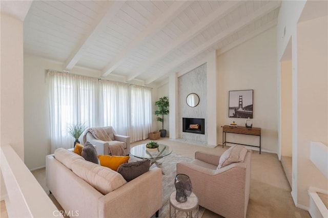 30243 Avenida Selecta, Rancho Palos Verdes, CA 90275 - living area with a premium fireplace, light colored carpet, a wood ceiling with exposed beams, and high vaulted ceiling