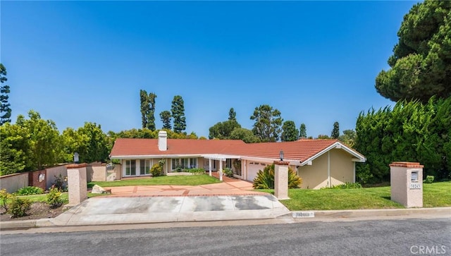 30243 Avenida Selecta, Rancho Palos Verdes, CA 90275 - ranch-style home featuring a garage, a front yard, a tiled roof, and a chimney