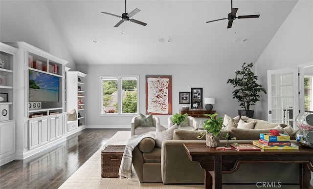 3530 Trimble Ct, Nashville, TN 37215 - living room featuring a ceiling fan, high vaulted ceiling, and wood finished floors