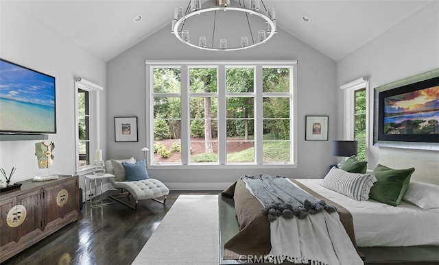 3530 Trimble Ct, Nashville, TN 37215 - bedroom featuring vaulted ceiling, multiple windows, dark wood finished floors, and a chandelier
