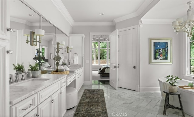 3530 Trimble Ct, Nashville, TN 37215 - full bathroom featuring vanity, plenty of natural light, a chandelier, a freestanding tub, and ornamental molding