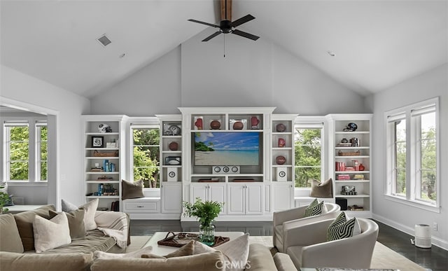3530 Trimble Ct, Nashville, TN 37215 - living room featuring a ceiling fan, high vaulted ceiling, and dark wood-style floors