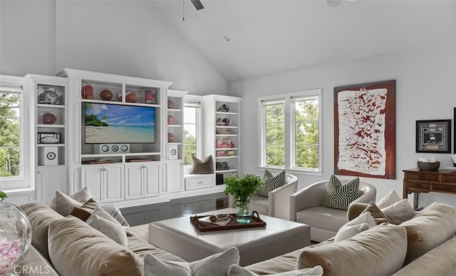 3530 Trimble Ct, Nashville, TN 37215 - living area with dark wood-type flooring, a ceiling fan, and high vaulted ceiling
