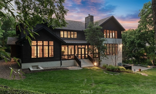 3530 Trimble Ct, Nashville, TN 37215 - rear view of property with a lawn, a chimney, a patio area, a sunroom, and a shingled roof