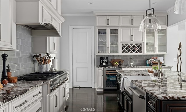 3530 Trimble Ct, Nashville, TN 37215 - kitchen featuring wine cooler, stainless steel appliances, backsplash, crown molding, and white cabinetry