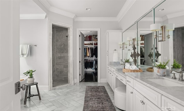 3530 Trimble Ct, Nashville, TN 37215 - bathroom with double vanity, a shower stall, a spacious closet, ornamental molding, and recessed lighting