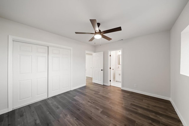 11233 Mountain, Riverside, CA 92505 - unfurnished bedroom featuring dark wood finished floors, a closet, ceiling fan, and ensuite bathroom
