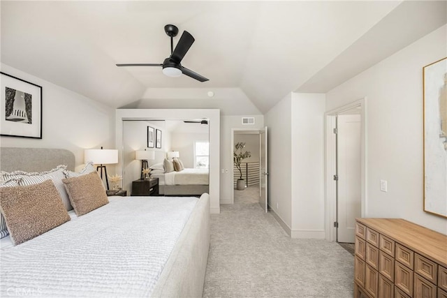 11 Thunder Trl Unit 6, Irvine, CA 92614 - bedroom featuring light colored carpet, lofted ceiling, and a ceiling fan