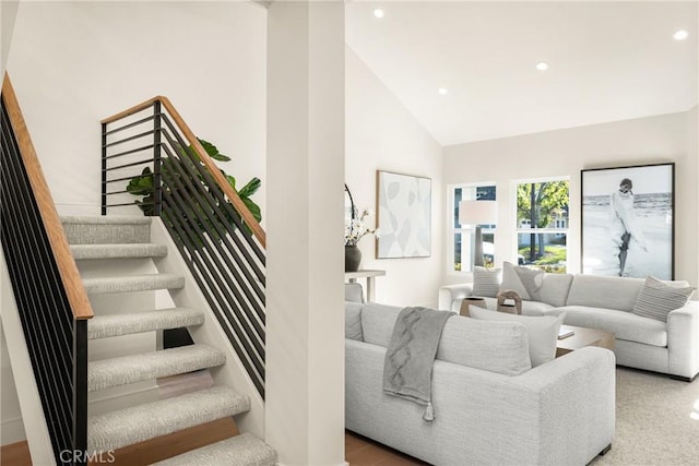 11 Thunder Trl Unit 6, Irvine, CA 92614 - living room featuring stairs, recessed lighting, and high vaulted ceiling