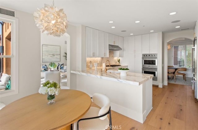 7 Suprema Dr, Newport Coast, CA 92657 - kitchen featuring stainless steel appliances, arched walkways, under cabinet range hood, light wood-style floors, and recessed lighting