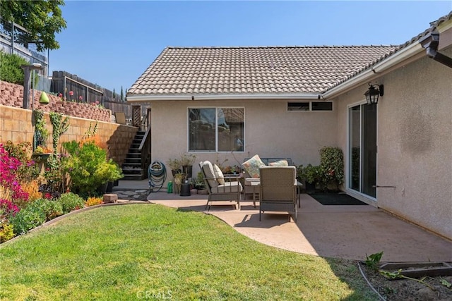 825 Rosana Pl, Nipomo, CA 93444 - rear view of property with stucco siding, stairway, a patio, and a tile roof
