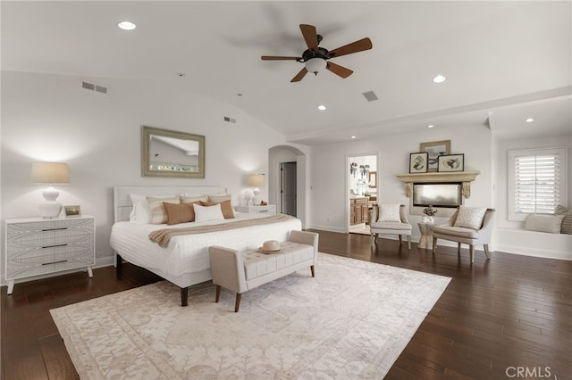 1337 8th St, Manhattan Beach, CA 90266 - bedroom with arched walkways, vaulted ceiling, dark wood-style floors, and recessed lighting