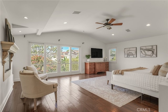 1337 8th St, Manhattan Beach, CA 90266 - bedroom featuring dark wood finished floors, lofted ceiling, ceiling fan, and recessed lighting