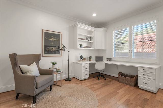 1337 8th St, Manhattan Beach, CA 90266 - office area with built in desk, ornamental molding, light wood-type flooring, and recessed lighting