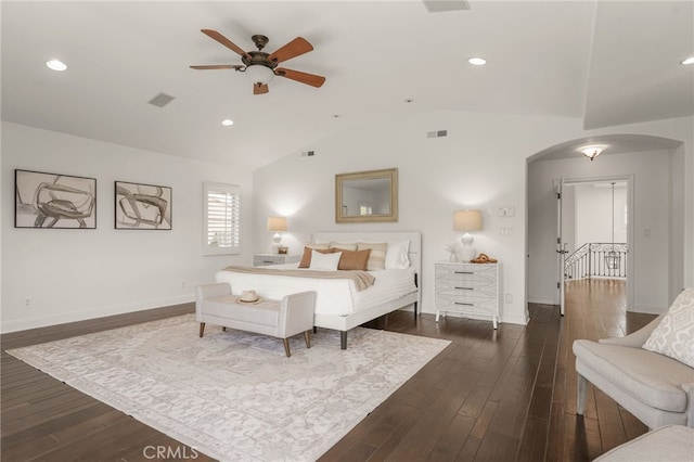 1337 8th St, Manhattan Beach, CA 90266 - bedroom with arched walkways, lofted ceiling, dark wood-type flooring, and recessed lighting