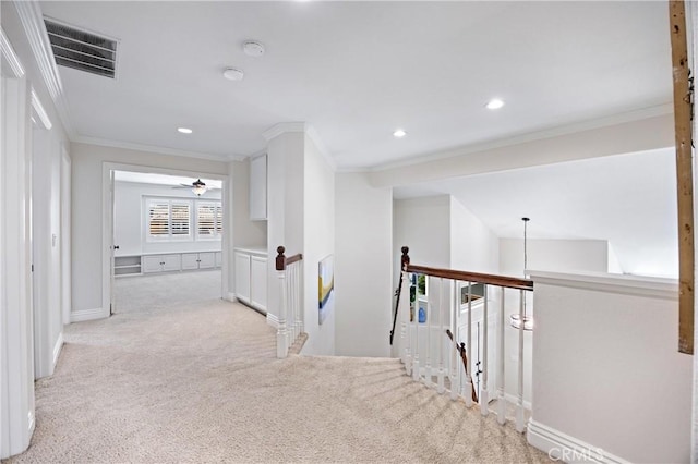 18 Via Tigra, Rancho Santa Margarita, CA 92688 - hallway featuring an upstairs landing, light carpet, ornamental molding, and recessed lighting
