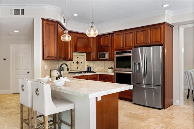 18 Via Tigra, Rancho Santa Margarita, CA 92688 - kitchen with stainless steel appliances, custom range hood, a peninsula, light countertops, and a kitchen bar