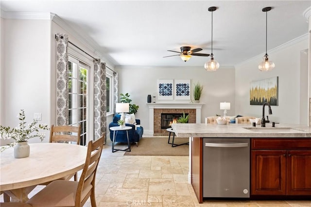 18 Via Tigra, Rancho Santa Margarita, CA 92688 - kitchen featuring dishwasher, light countertops, ceiling fan, stone tile floors, and crown molding