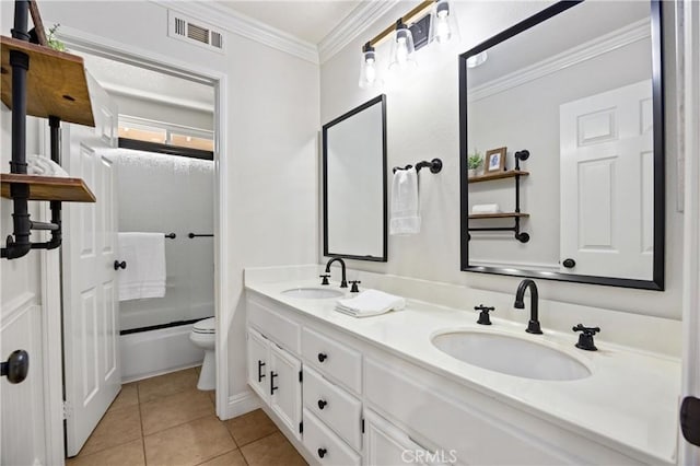 18 Via Tigra, Rancho Santa Margarita, CA 92688 - bathroom with double vanity, ornamental molding, tile patterned floors, and combined bath / shower with glass door