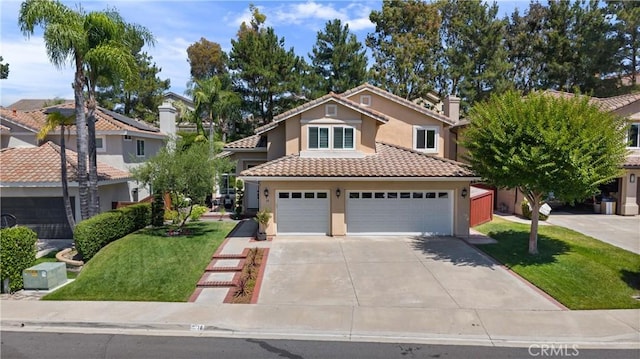 18 Via Tigra, Rancho Santa Margarita, CA 92688 - view of front of house featuring stucco siding, concrete driveway, a front yard, a tiled roof, and a chimney