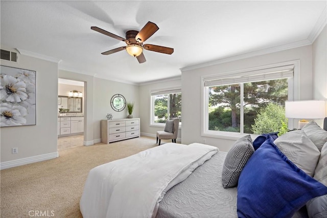 18 Via Tigra, Rancho Santa Margarita, CA 92688 - bedroom featuring crown molding, light colored carpet, ensuite bath, and a ceiling fan