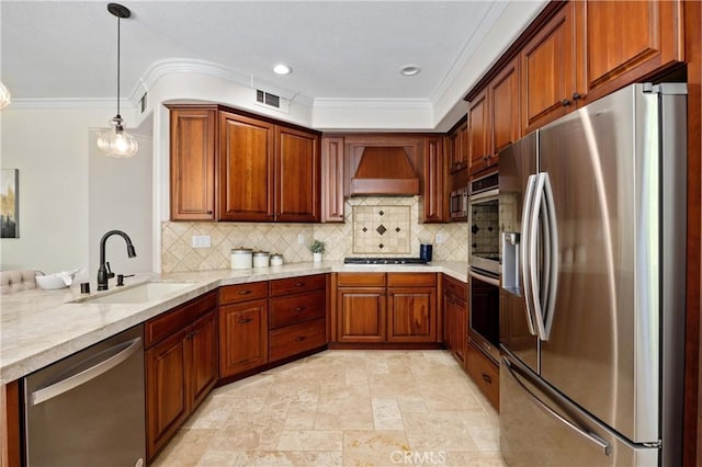 18 Via Tigra, Rancho Santa Margarita, CA 92688 - kitchen featuring appliances with stainless steel finishes, premium range hood, crown molding, decorative backsplash, and a peninsula