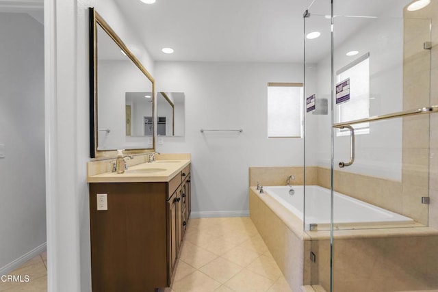 665 Tiber River Way, Oxnard, CA 93036 - full bathroom with tiled bath, double vanity, a tile shower, tile patterned floors, and recessed lighting