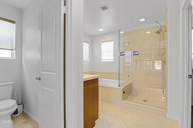 665 Tiber River Way, Oxnard, CA 93036 - bathroom with tile patterned flooring, a stall shower, a bath, recessed lighting, and vanity