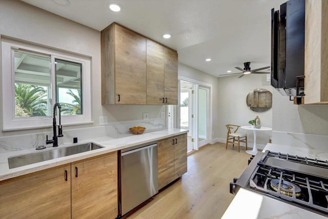 4107 Cole Way, San Diego, CA 92117 - kitchen featuring stainless steel dishwasher, light wood-style floors, stove, recessed lighting, and a ceiling fan