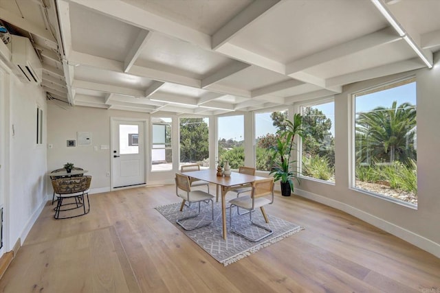 4107 Cole Way, San Diego, CA 92117 - sunroom / solarium featuring wood finished floors, an AC wall unit, healthy amount of natural light, beamed ceiling, and coffered ceiling