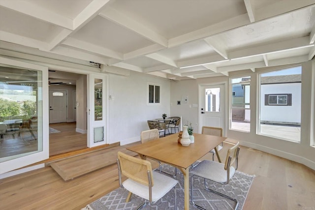 4107 Cole Way, San Diego, CA 92117 - dining space with coffered ceiling, light wood finished floors, and beamed ceiling