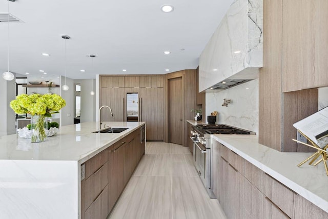 9355 Lavell St, La Mesa, CA 91941 - kitchen with modern cabinets, double oven range, light stone counters, a large island, and premium range hood