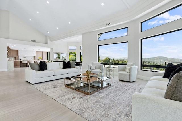 9355 Lavell St, La Mesa, CA 91941 - living area with a towering ceiling, light wood finished floors, recessed lighting, and plenty of natural light