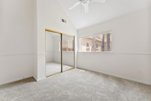 12032 Calle De Medio Unit 169, El Cajon, CA 92019 - unfurnished bedroom featuring carpet, a closet, a ceiling fan, and high vaulted ceiling